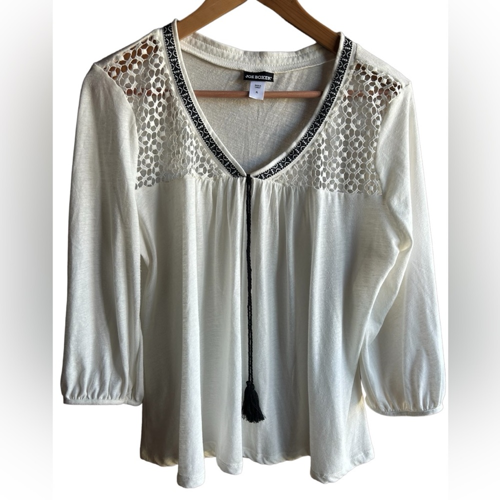 Joe Boxer Tunic Boho Top 3/4 Sleeve Button Top Pullover white size XL, v neck